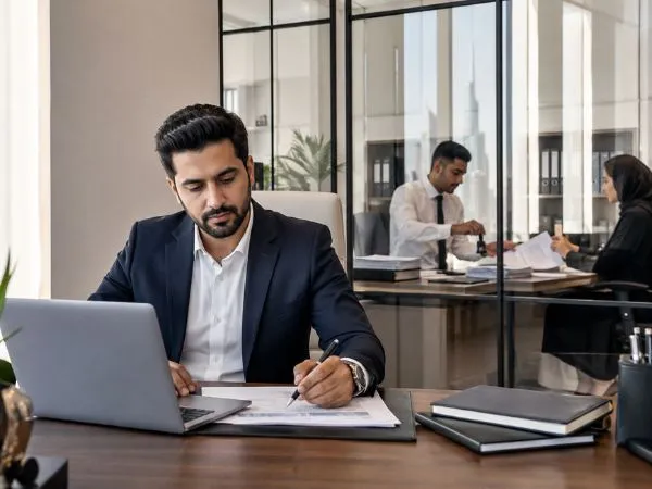 Business owner working while Modest Consulting Services PRO officer handles UAE government submissions in Dubai
